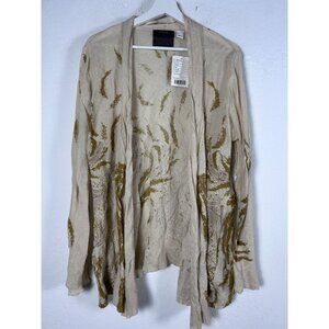 Anthropologie Guinevere Women Beige Gold Feather Open Cardigan Sweater Large New